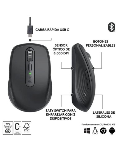 RATON LOGITECH MX ANYWHERE 3S WIRELESS BT 8000DPI 6 BOTONES BLACK